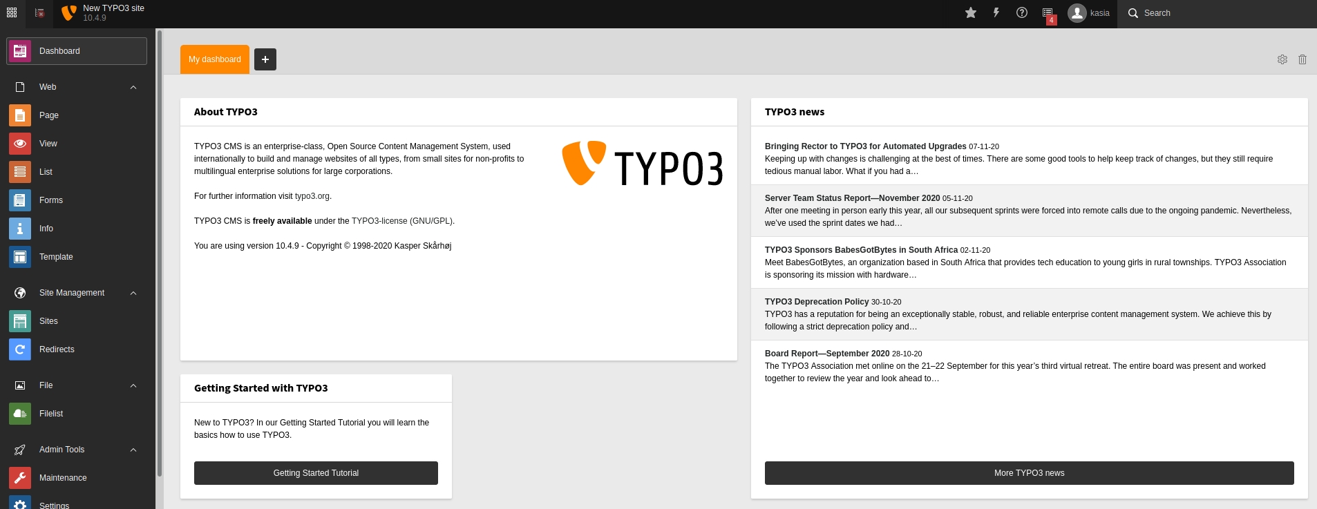 TYPO3 dashboard